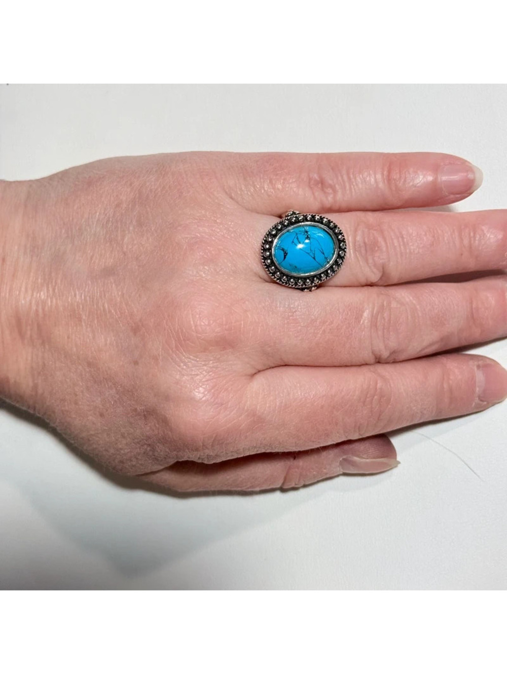 Vintage 925 Sterling Silver Turquoise Size 7 Ring Oval Cabochon Statement Boho